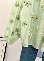 Fine Light Green O-Neck Floral Solid Top Fall