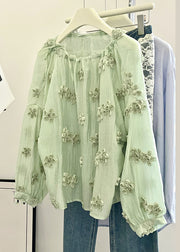 Fine Light Green O-Neck Floral Solid Top Fall