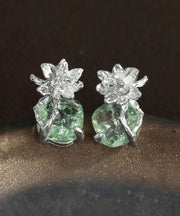 Fine Light Green Sterling Silver Zircon Ice Flower Stud Earrings