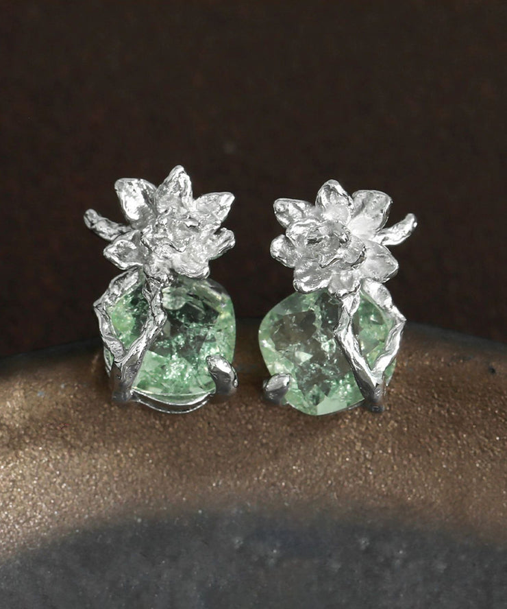 Fine Light Green Sterling Silver Zircon Ice Flower Stud Earrings