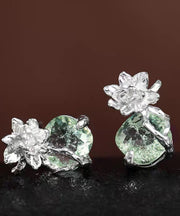 Fine Light Green Sterling Silver Zircon Ice Flower Stud Earrings