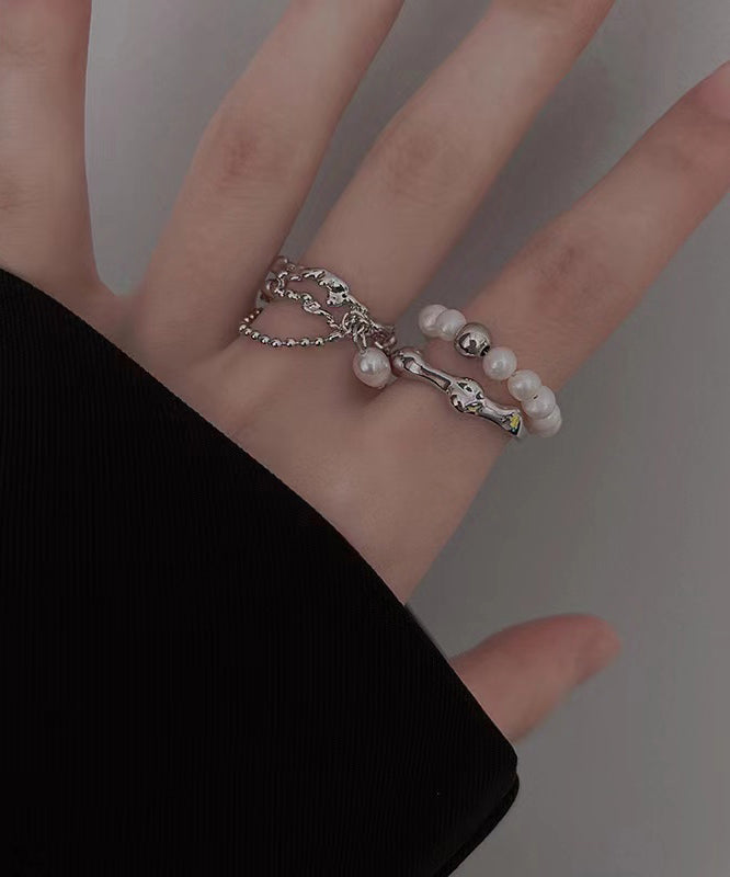 Fine Metal Pearl Tassel Rings Two-Piece Set