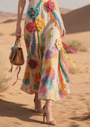 Fine Multicolored Flower Decorated Cotton Tea Dress Summer