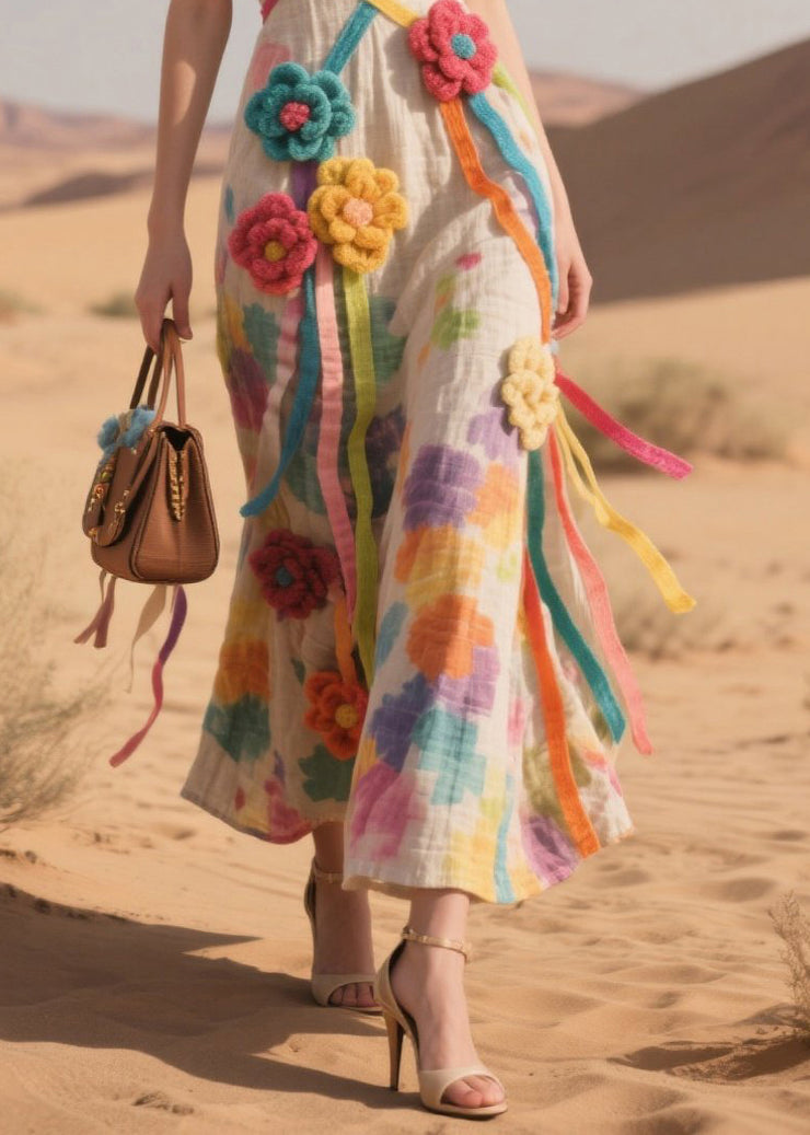 Fine Multicolored Flower Decorated Cotton Tea Dress Summer