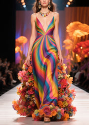 Fine Multicolour Striped Flower Silk Vestidos Dress Summer