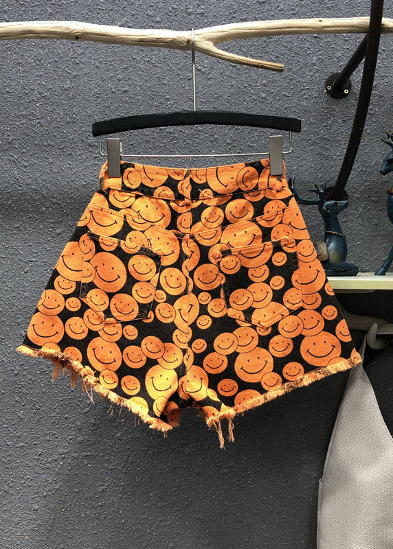 Fine Orange Print Patchwork Denim Wide Leg Shorts Summer