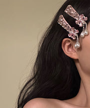 Fine Pink Alloy Butterfly Zircon Pearl Tassel A Pair Hairpin
