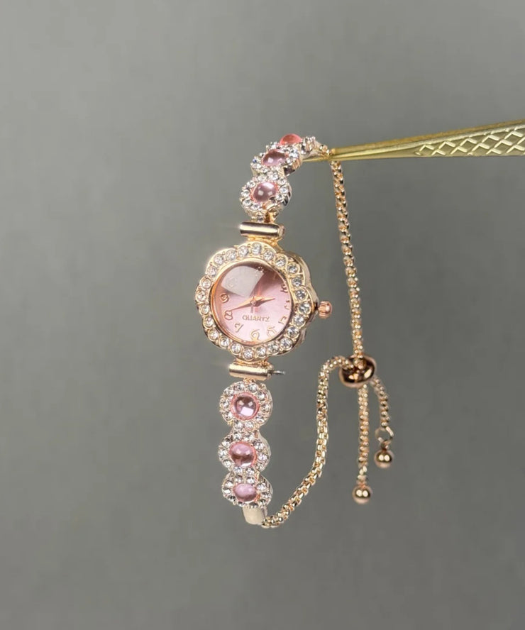 Fine Pink Alloy Inlaid Gem Stone Zircon Sapphire Crystal Watches