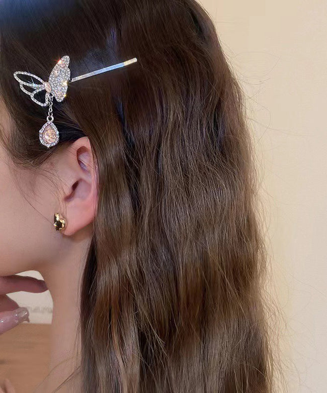 Fine Pink Alloy Zircon Butterfly Water Drop Tassel Hairpin