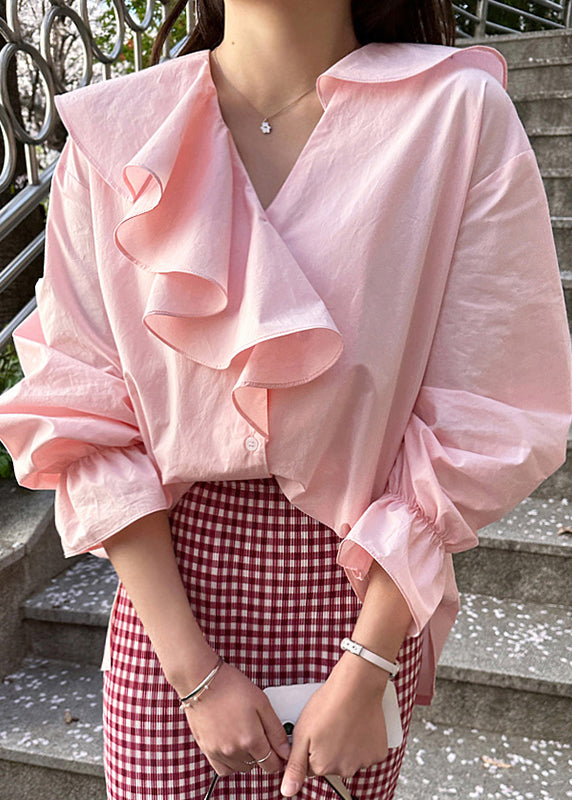 Fine Pink Asymmetrical Ruffles Cotton Shirt Tops Fall