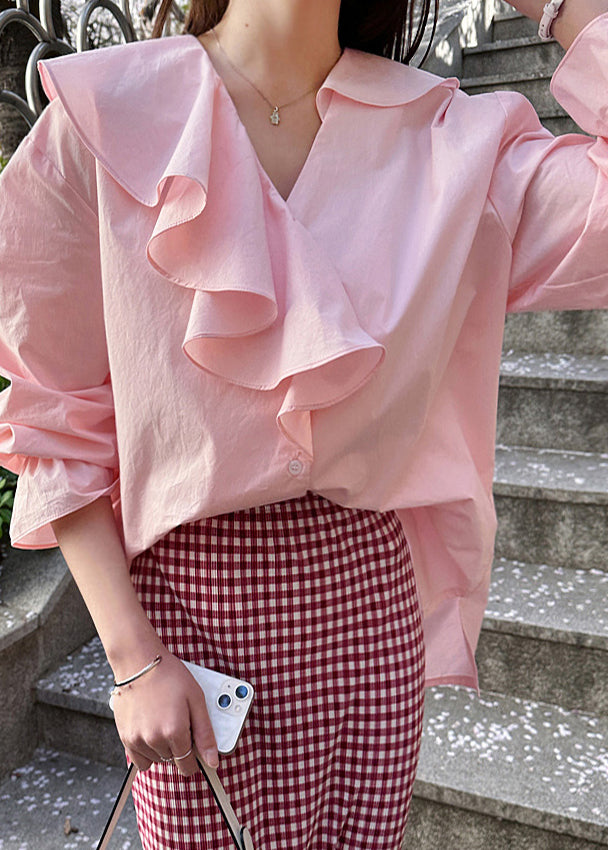 Fine Pink Asymmetrical Ruffles Cotton Shirt Tops Fall