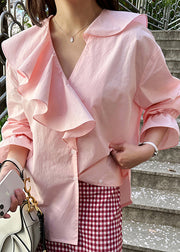 Fine Pink Asymmetrical Ruffles Cotton Shirt Tops Fall