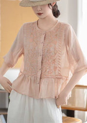 Fine Pink Embroidered Linen Blouses Half Sleeve