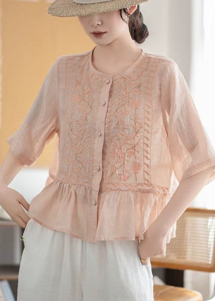 Fine Pink Embroidered Linen Blouses Half Sleeve