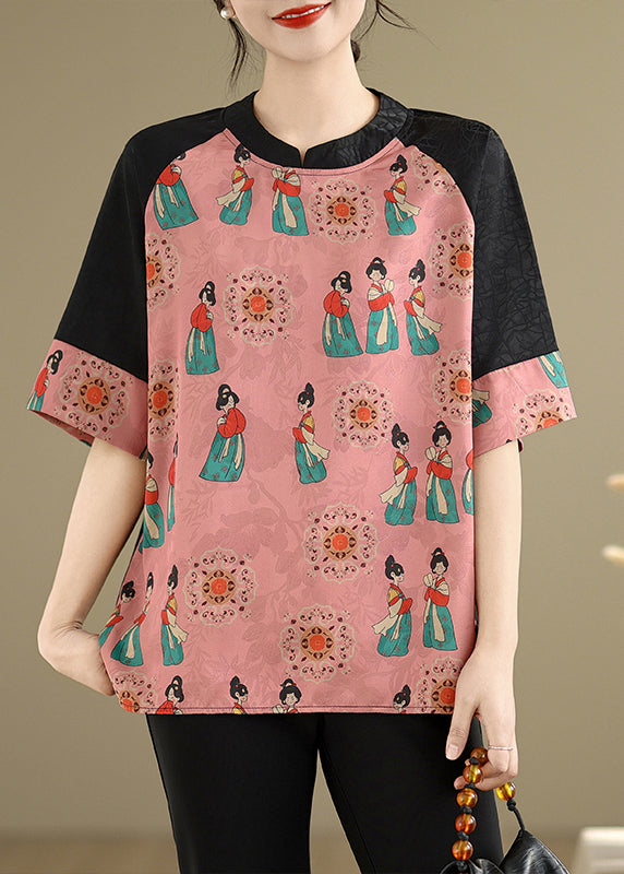 Fine Pink Mandarin Collar Print Silk Shirt Summer