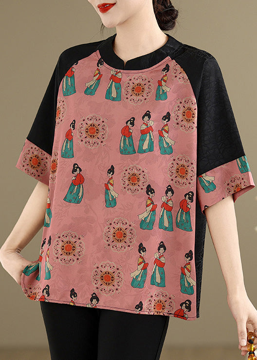 Fine Pink Mandarin Collar Print Silk Shirt Summer