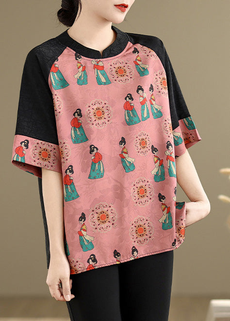 Fine Pink Mandarin Collar Print Silk Shirt Summer