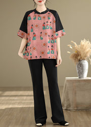 Fine Pink Mandarin Collar Print Silk Shirt Summer