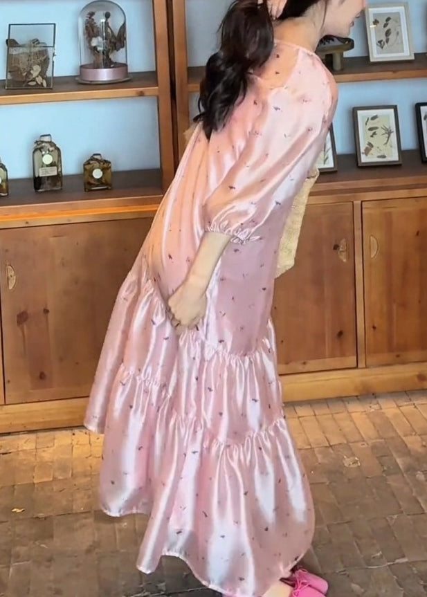 Fine Pink O-Neck Print Silk Long Dress Bracelet Sleeve