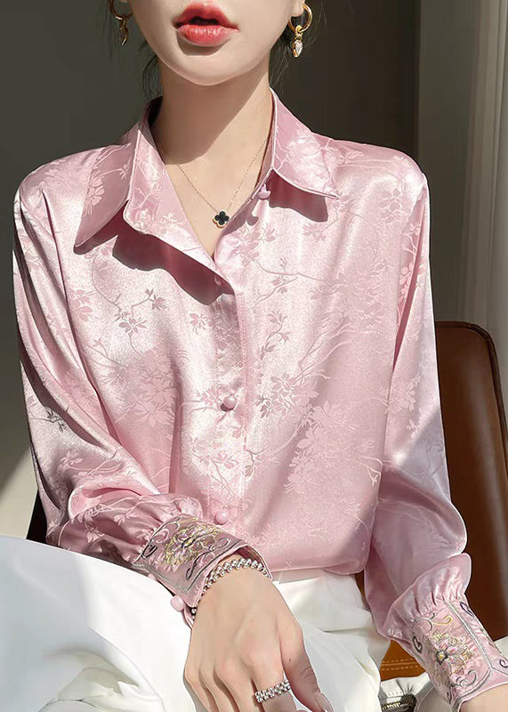 Fine Pink Peter Pan Collar Embroidered Silk Blouse