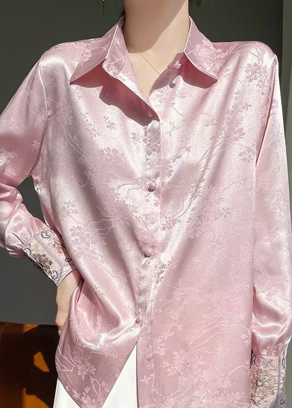 Fine Pink Peter Pan Collar Embroidered Silk Blouse