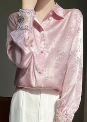 Fine Pink Peter Pan Collar Embroidered Silk Blouse