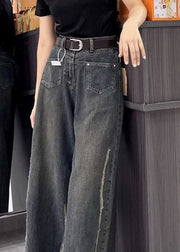 Fine Pockets Patchwork Denim Wide Leg Pants Fall