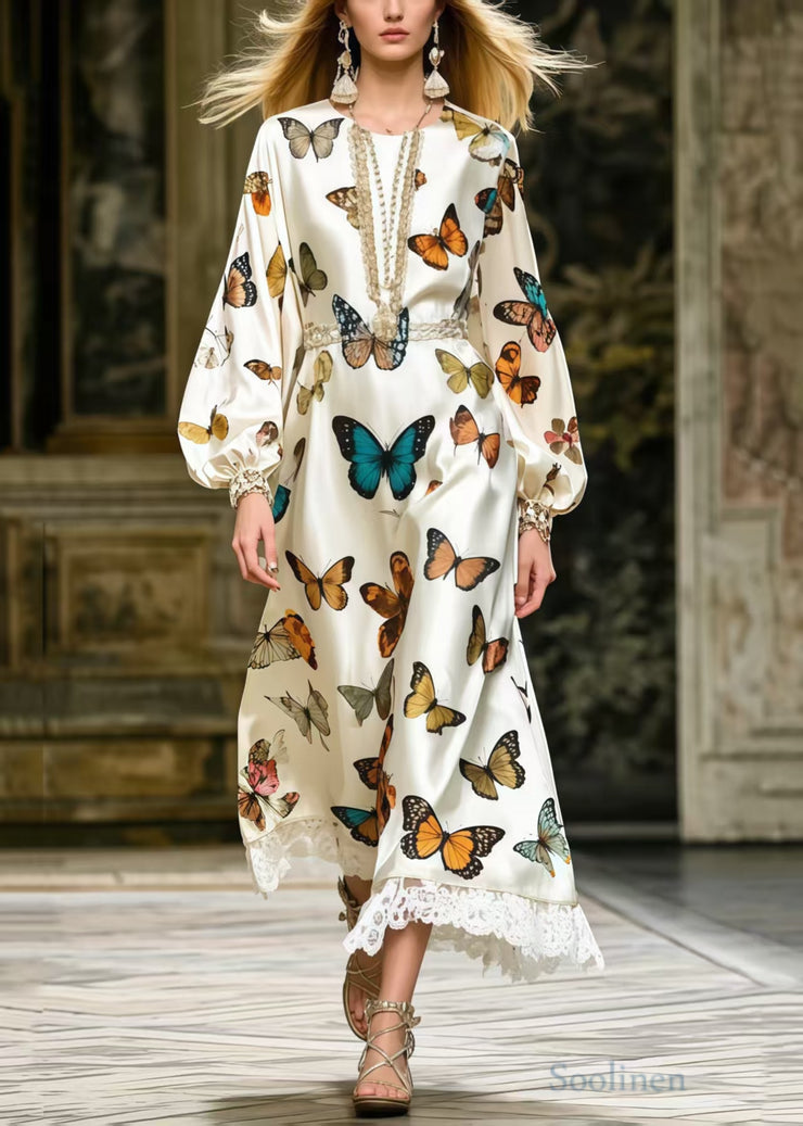 Fine Polychrome Butterfly Lace Patchwork Silk Party Dress Spring