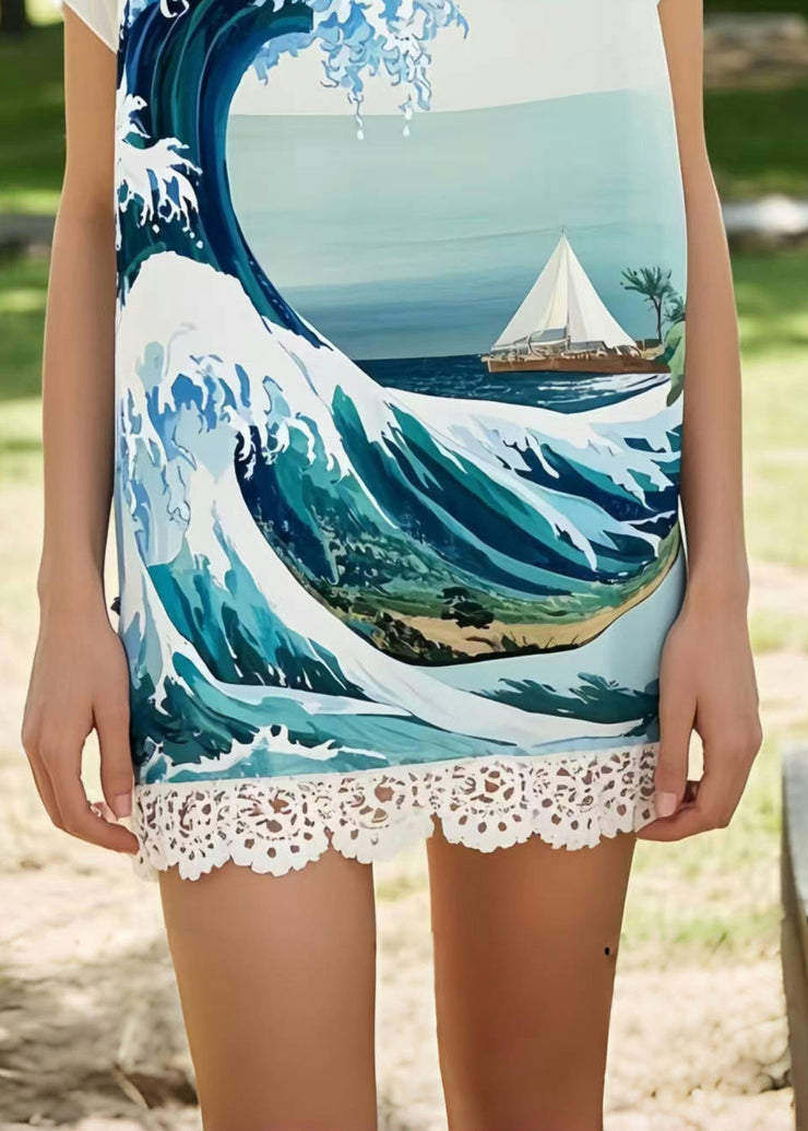 Fine Print Patchwork Lace Chiffon Beach Dresses Summer