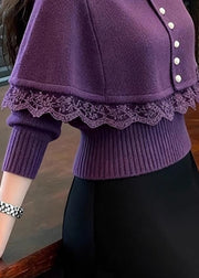 Fine Purple Button Lace Patchwork Knit Cape Sweater Winter