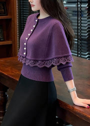 Fine Purple Button Lace Patchwork Knit Cape Sweater Winter