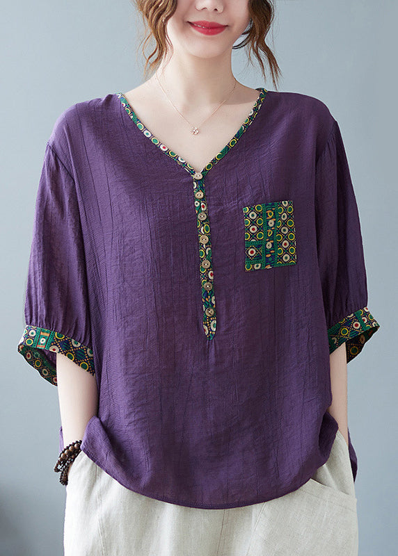 Fine Purple Print Patchwork Top Half Sleeve