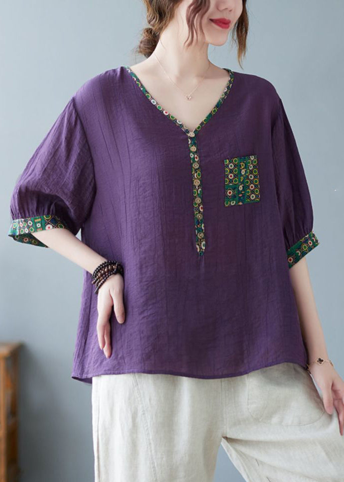 Fine Purple Print Patchwork Top Half Sleeve