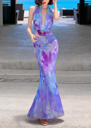 Fine Purple Print Tulle Top And Maxi Skirts Two-Piece Set Sleeveless