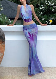 Fine Purple Print Tulle Top And Maxi Skirts Two-Piece Set Sleeveless