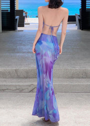 Fine Purple Print Tulle Top And Maxi Skirts Two-Piece Set Sleeveless