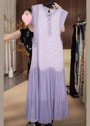 Fine Purple Sequins Lace Up Patchwork Chiffon Long Dress Sleeveless