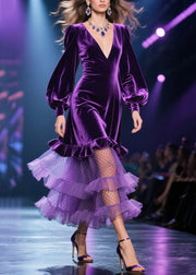 Fine Purple Tulle Ruffled Patchwork Velvet Long Dress Fall