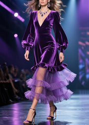 Fine Purple Tulle Ruffled Patchwork Velvet Long Dress Fall