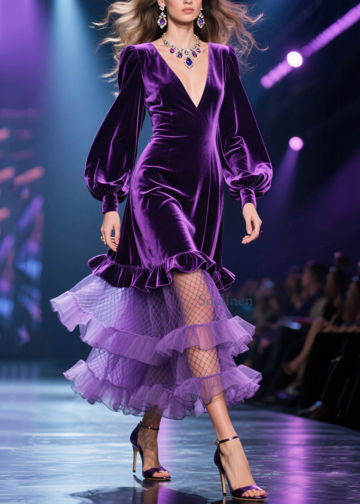 Fine Purple Tulle Ruffled Patchwork Velvet Long Dress Fall
