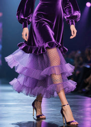 Fine Purple Tulle Ruffled Patchwork Velvet Long Dress Fall