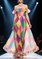 Fine Rainbow Cold Shoulder Plaid Flower Decorated Chiffon Sundress Summer