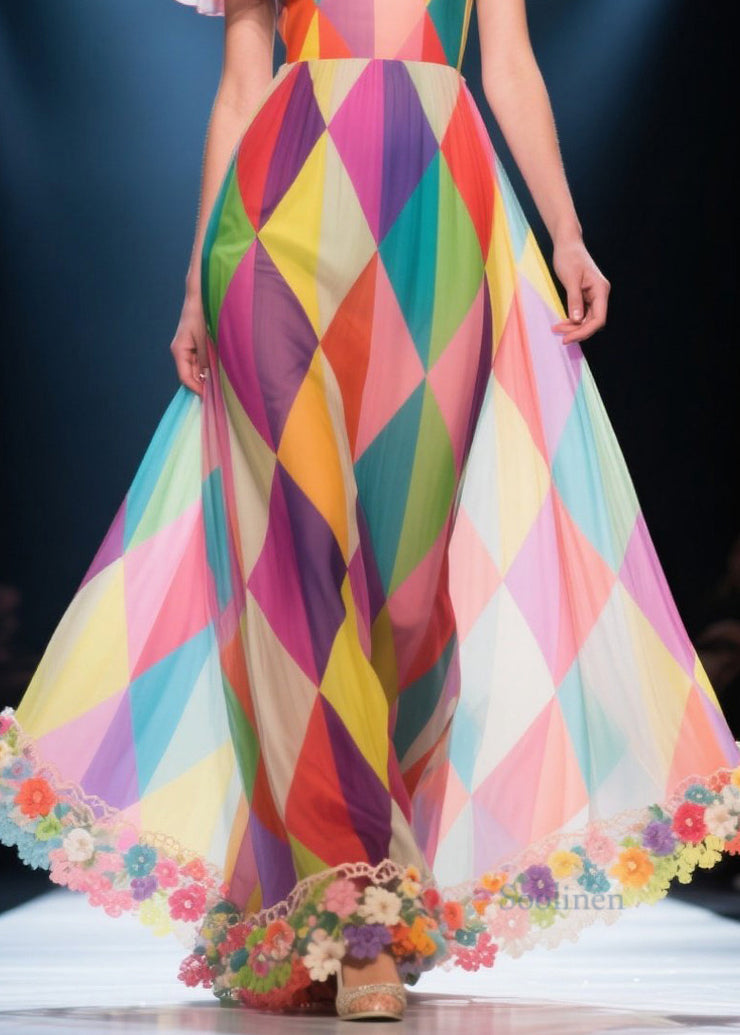 Fine Rainbow Cold Shoulder Plaid Flower Decorated Chiffon Sundress Summer