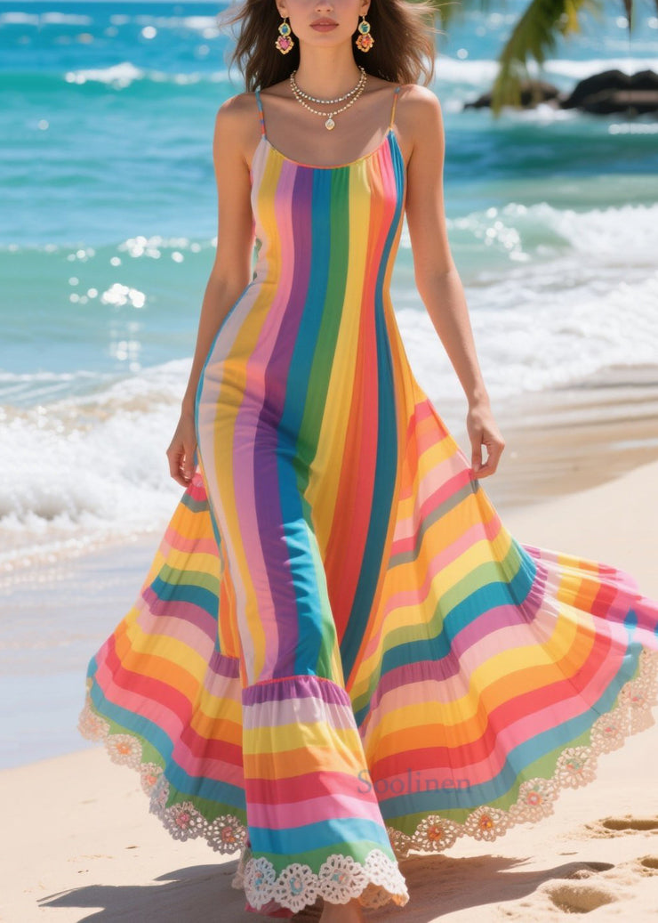 Fine Rainbow Oversized Striped Chiffon Spaghetti Strap Dress Summer