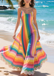 Fine Rainbow Oversized Striped Chiffon Spaghetti Strap Dress Summer