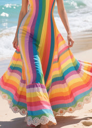 Fine Rainbow Oversized Striped Chiffon Spaghetti Strap Dress Summer