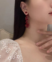 Fine Red Alloy Floral Crystal Pomegranate Drop Earrings