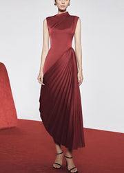 Fine Red Asymmetrical Wrinkled Silk Long Dress Sleeveless