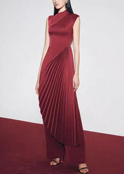 Fine Red Asymmetrical Wrinkled Silk Long Dress Sleeveless