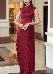 Fine Red Asymmetrical Wrinkled Silk Long Dress Sleeveless